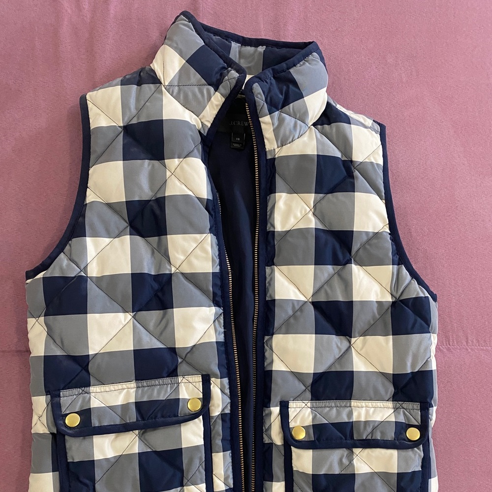 J.Crew Down Fill Quilted Vest Navy/Ivory Buffalo Check